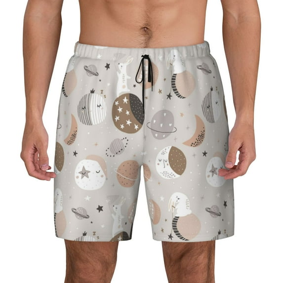 Qekee Rabbit In Space print Mens Swim Quick Dry Stretch Swim Shorts Lining Bathing Suits Swimwear Beach Shorts with Pockets