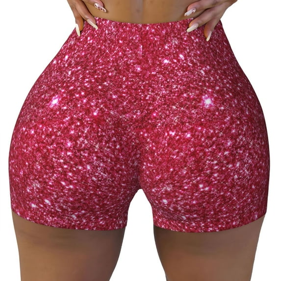 Qekee Red Glitter Women Workout Shorts, Sports shorts, Scrunch Butt Lifting Gym Shorts, Breathable Soft - X-Large