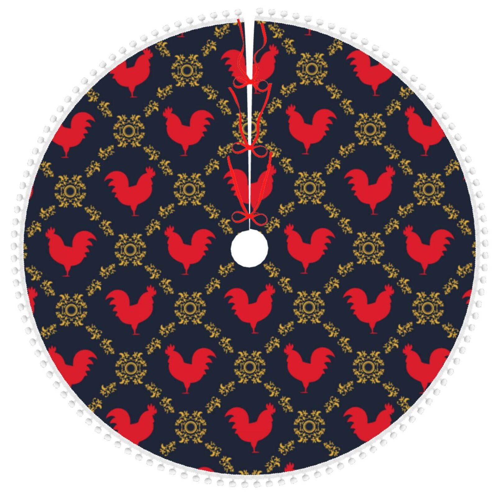Qekee Red Rooster for Christmas Tree Skirt with Pom Pom Trim Soft Plush