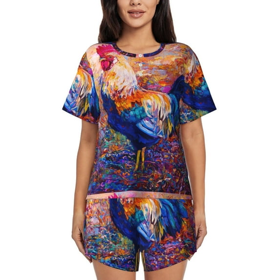 Qekee Rooster Oil Painting Women's Pajama Set Short Sleeve Sleepwear Summer Home Wear with Pockets Soft Short Sleeve Shirt - Rooster Oil Painting