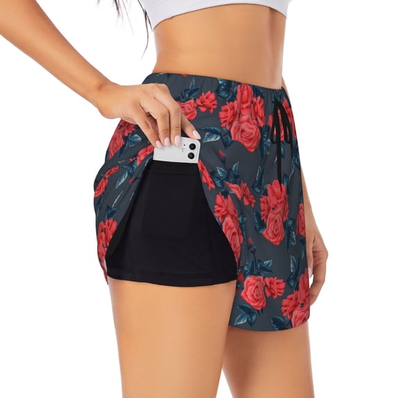 Qekee Rose Flowers for 2 in 1 Flowy Running Shorts for Women High Waisted Gym Tennis Shorts Double Layer Shorts with Pocket