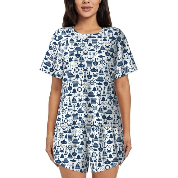 Qekee Seaside Primary Color Women's Pajama Set Short Sleeve Sleepwear Summer Home Wear with Pockets Soft Short Sleeve Shirt - Seaside Primary Color