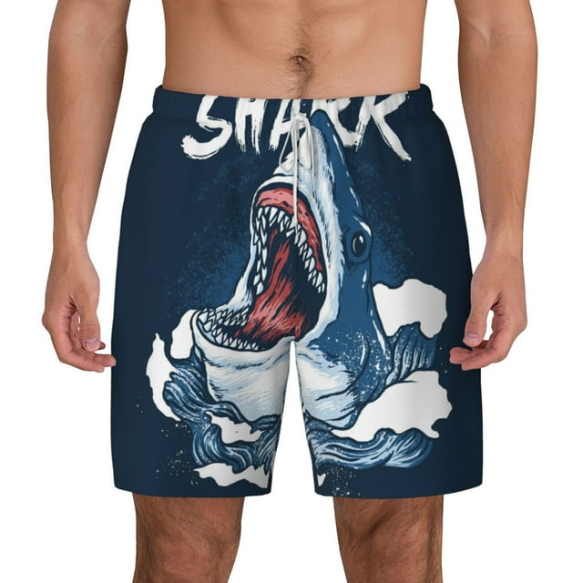 Qekee Shark print Mens Swim Quick Dry Stretch Swim Shorts Lining Bathing Suits Swimwear Beach Shorts with Pockets