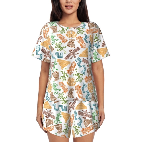 Qekee Simple Drawing Women's Pajama Set Short Sleeve Sleepwear Summer Home Wear with Pockets Soft Short Sleeve Shirt - Simple Drawing