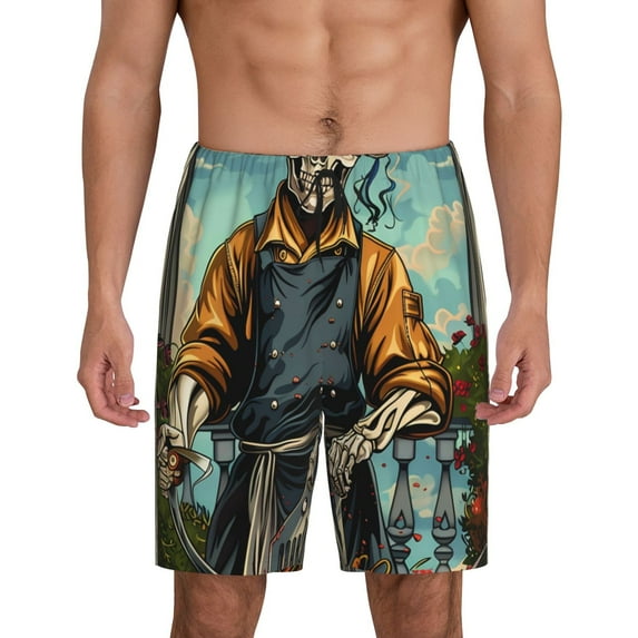 Qekee Skeleton Chef BBQ Scene Print Mens Pajama Shorts,Men's Lounge Pant ,Sleep Bottoms with Pockets & Drawstring,Sleep Shorts for Men-XX-Large