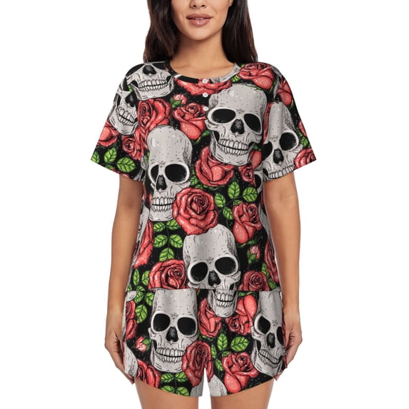 Qekee Skull and Roses Women's Pajama Set Short Sleeve Sleepwear Summer Home Wear with Pockets Soft Short Sleeve Shirt - Skull and Roses