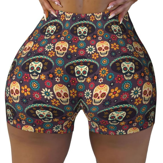 Qekee Skulls and Flowers Women Workout Shorts, Sports shorts, Scrunch Butt Lifting Gym Shorts, Breathable Soft - XX-Large