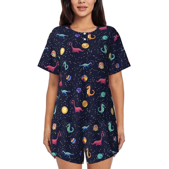 Qekee Space Dinosaur Women's Pajama Set Short Sleeve Sleepwear Summer Home Wear with Pockets Soft Short Sleeve Shirt - Space Dinosaur