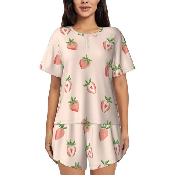 Qekee Strawberries Women's Pajama Set Short Sleeve Sleepwear Summer Home Wear with Pockets Soft Short Sleeve Shirt - Strawberries