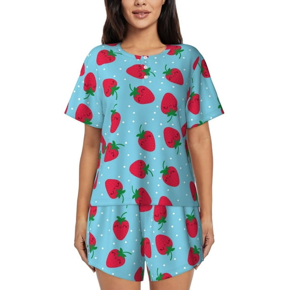 Qekee Strawberries Women's Pajama Set Short Sleeve Sleepwear Summer Home Wear with Pockets Soft Short Sleeve Shirt - Strawberries