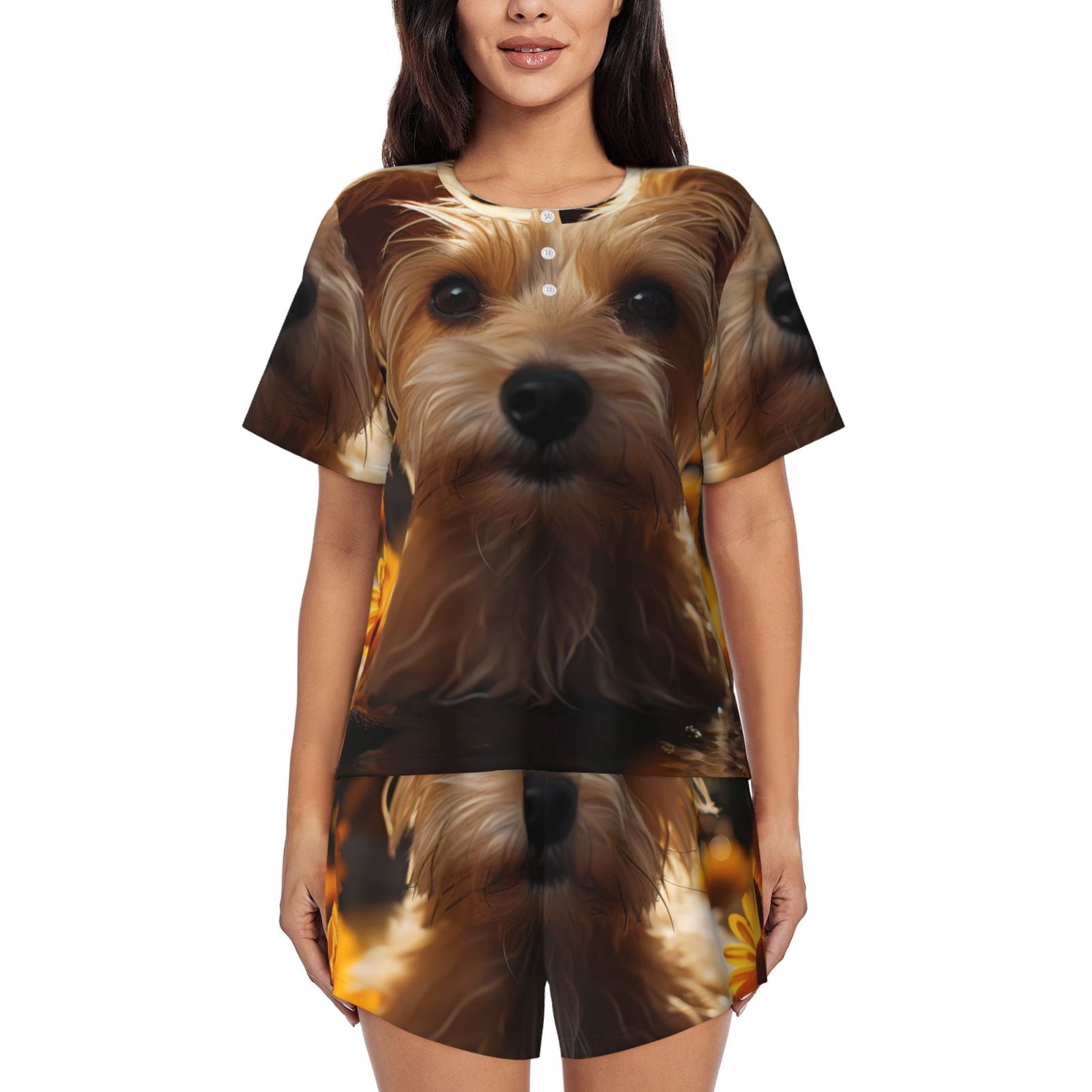 Luxe Puppy And Bow Pj Set Short Sleeve Top and Shorts