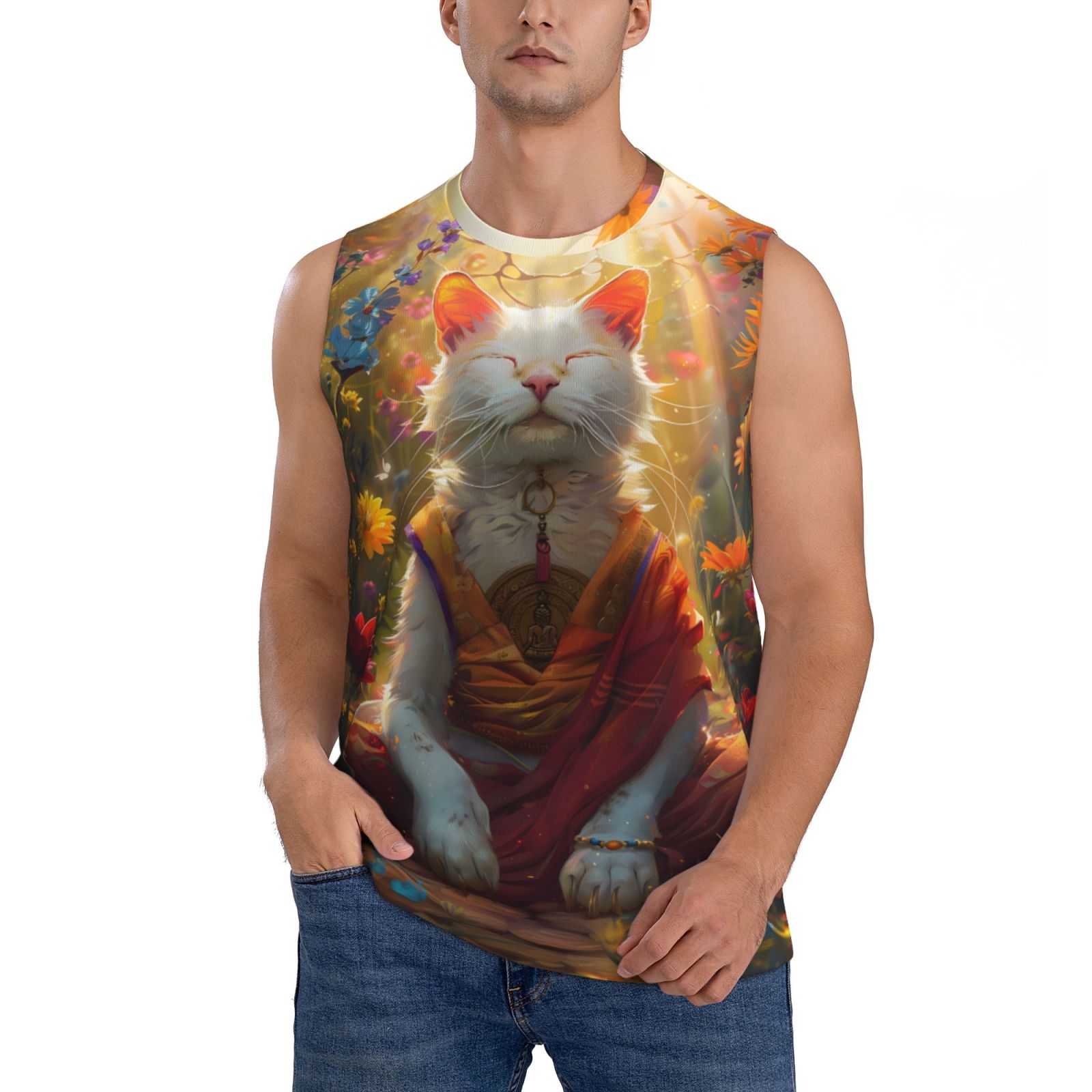 Qekee Sunshine Flower Meditating Cat print Men's Tank Top Sleeveless