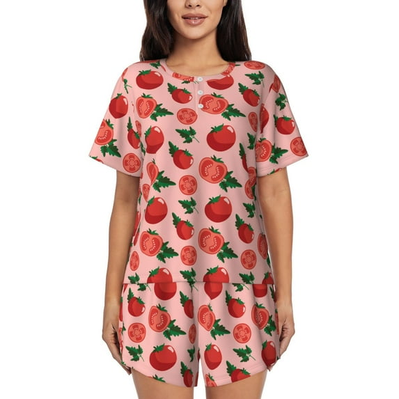 Qekee Tomatoes Women's Pajama Set Short Sleeve Sleepwear Summer Home Wear with Pockets Soft Short Sleeve Shirt - Tomatoes