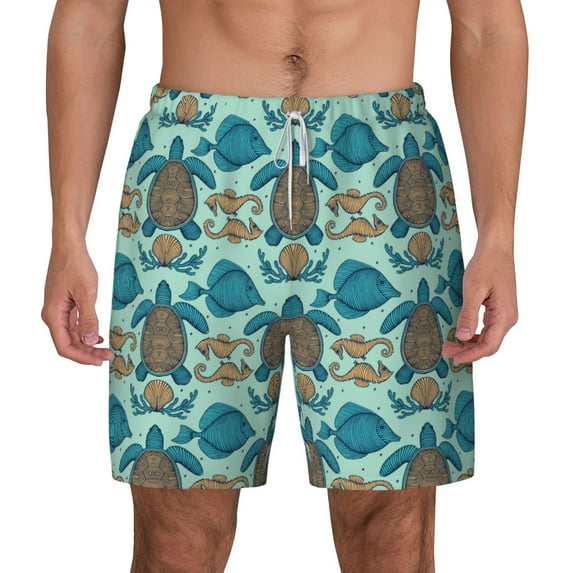 Qekee Turtles And Seahorses print Mens Swim Quick Dry Stretch Swim Shorts Lining Bathing Suits Swimwear Beach Shorts with Pockets