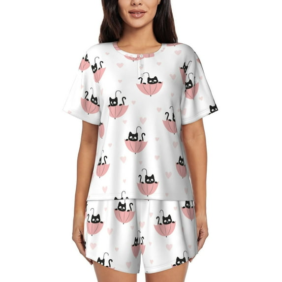 Qekee Umbrella Cat Women's Pajama Set Short Sleeve Sleepwear Summer Home Wear with Pockets Soft Short Sleeve Shirt - Umbrella Cat
