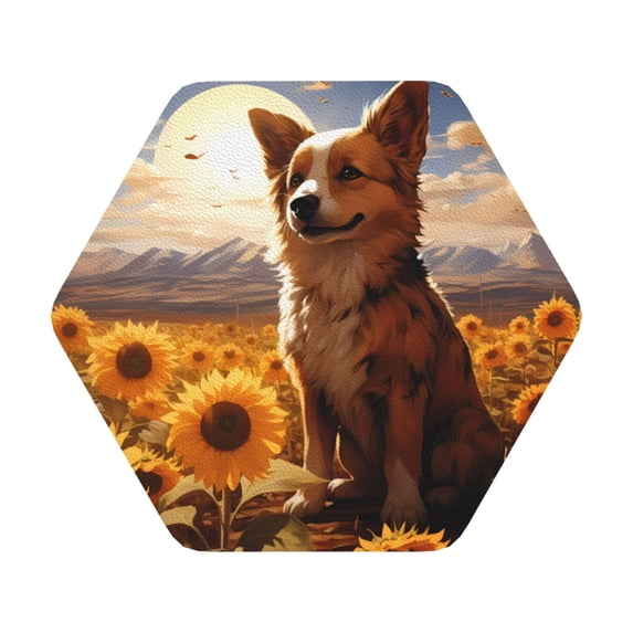 Qekee Vintage Cute Corgi Sunflower Print PU Leather Absorbent Coasters,Leather Coasters Set for Cups Drinks, 4" Coasters 6 Pcs for Coffee Bar Home Decor,Hexagon