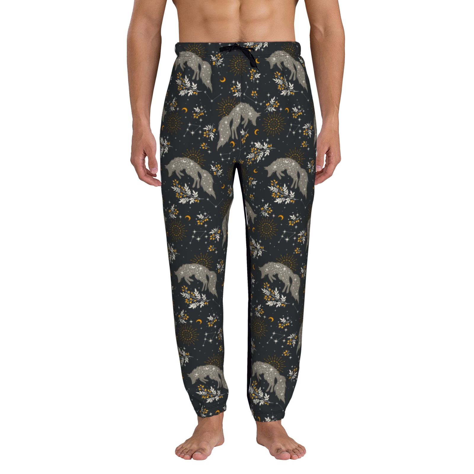 Qekee Vintage Moon with Plants and Fox Pattern Mens Sweatpants Men s Midweight Lounge Pants 3X Large