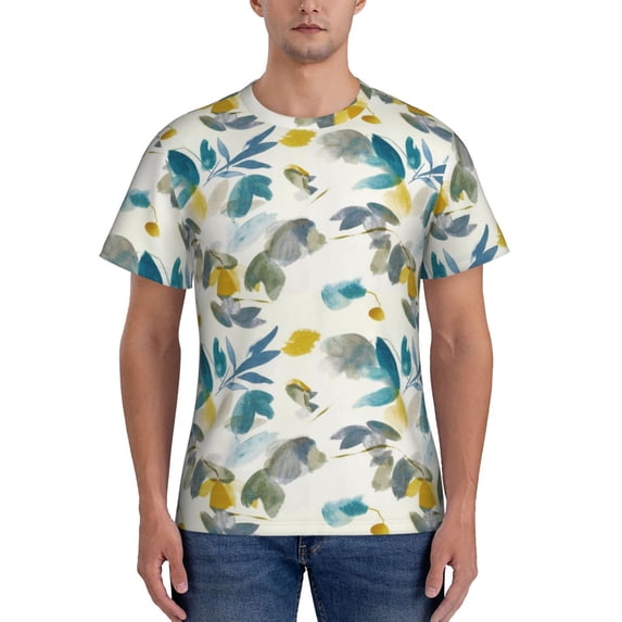 Qekee Watercolor Leaves Classic Fit T-Shirt Men's Shirt Men's Tight Short Sleeves for Exercise, Running, Mountaineering - Watercolor Leaves