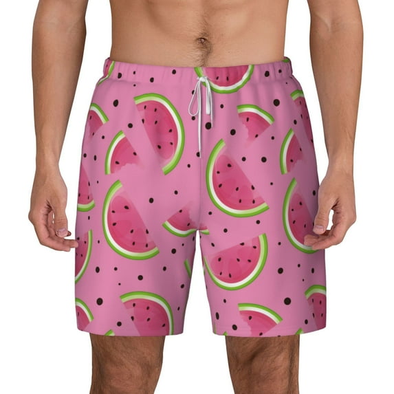 Qekee Watermelon print Mens Swim Quick Dry Stretch Swim Shorts Lining Bathing Suits Swimwear Beach Shorts with Pockets