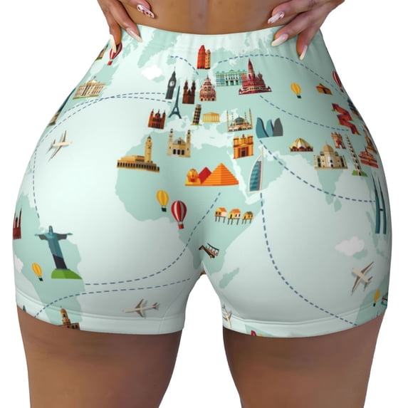 Qekee World Travel Map Women Workout Shorts, Sports shorts, Scrunch Butt Lifting Gym Shorts, Breathable Soft -