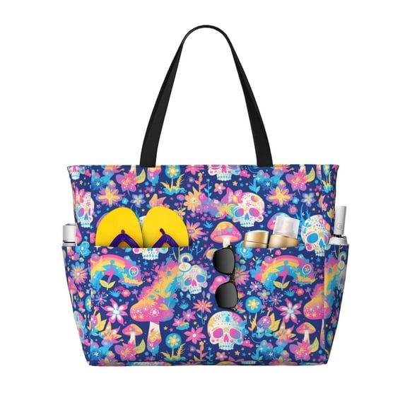 Qekee mushroom Skull rainbow color Beach Bag for Women Oversized beach tote Camping Bag with Zipper Pockets Swimming Bag Gym Bag, Waterproof for Vacation Travel