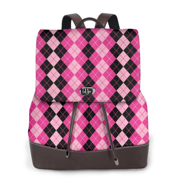 Logiee pink and black argyle Print Backpack Purse for Women,Fashion Leather Backpack Purse,Women's Leather Backpack for Work College Travel