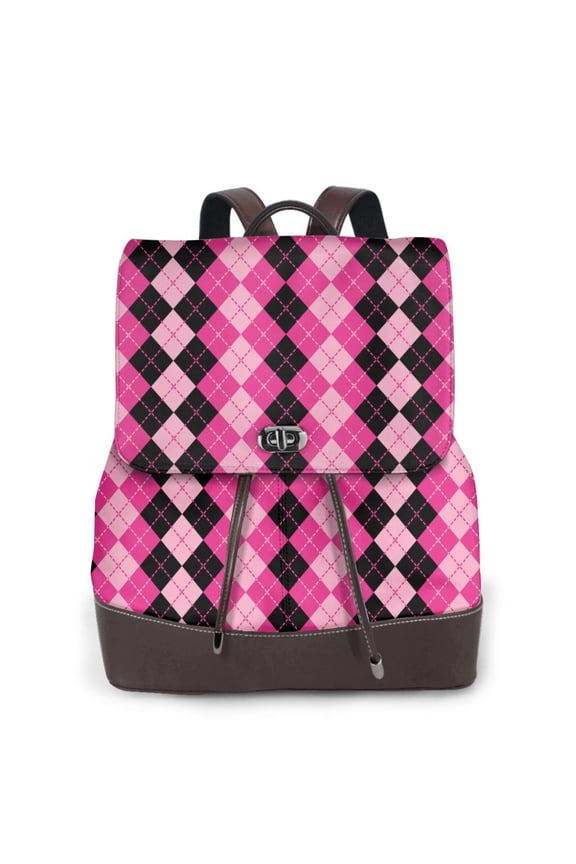 Logiee pink and black argyle Print Backpack Purse for Women,Fashion Leather Backpack Purse,Women's Leather Backpack for Work College Travel
