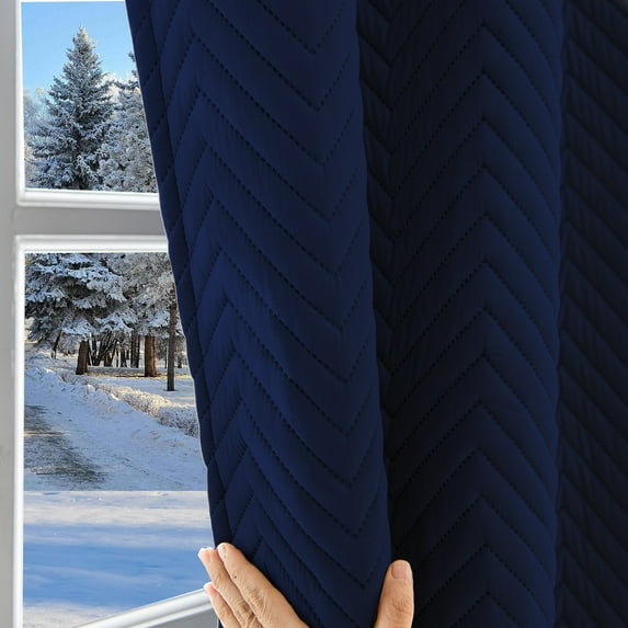 Qelus 100% Blackout Thermal Curtains for Winter, Rod Pocket Cold Blocking Thick Quilted Curtain Windproof Soundproof for Living room, Bedroom, 55''x 96'', Navy Blue, 1 Panel