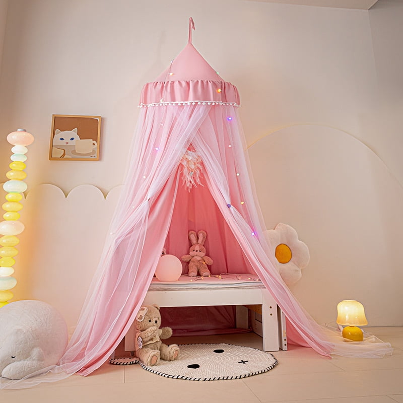Qelus Bed Canopy for Kids' Bed, Double Layer Canopy Bed Curtains Pompom Ceiling-Mounted Mosquito Net Foldable Prince Princess Cute Tent for Children Reading Nook