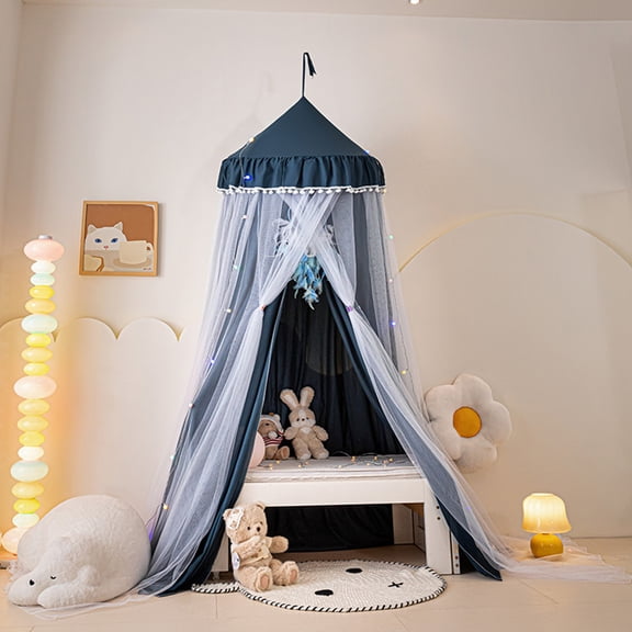 Qelus Bed Canopy for Kids' Bed, Double Layer Canopy Bed Curtains Pompom Ceiling-Mounted Mosquito Net Foldable Prince Princess Cute Tent for Children Reading Nook