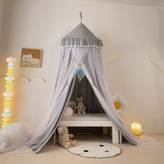 Qelus Bed Canopy for Kids' Bed, Double Layer Canopy Bed Curtains Pompom Ceiling-Mounted Mosquito Net Foldable Prince Princess Cute Tent for Children Reading Nook