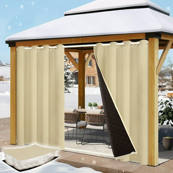 Qelus Thermal Insulated Outdoor Curtains for Winter, 52''x 84''Grommet Waterproof Quilted Blackout Curtains for Patio, Beige, 1 Panel