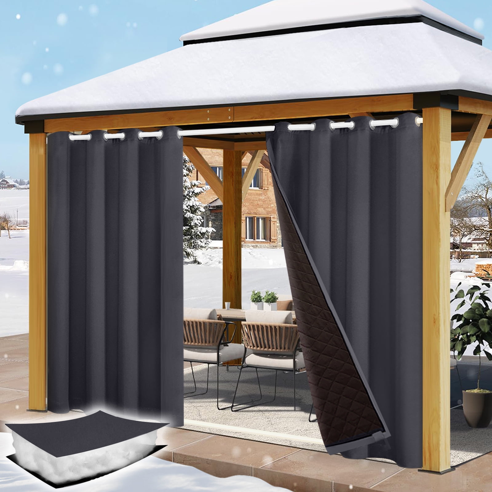 Qelus Thermal Insulated Outdoor Curtains for Winter, 52''x 84''Grommet Waterproof Quilted Blackout Curtains for Patio, Gray, 1 Panel