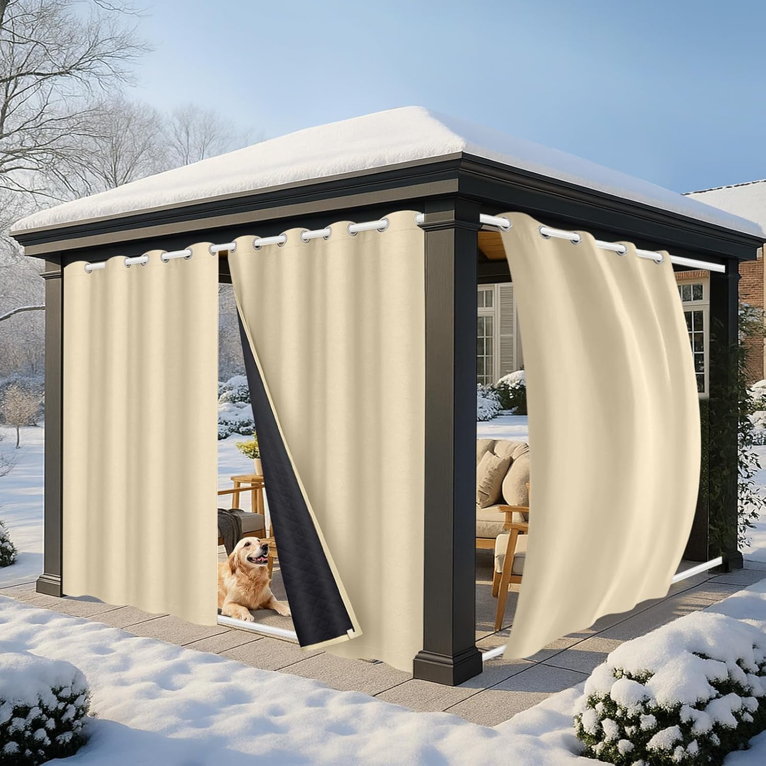 Qelus Thermal Insulated Outdoor Curtains for Winter, 52''x 96''Grommet Waterproof Quilted Blackout Curtains for Patio, Beige, 1 Panel