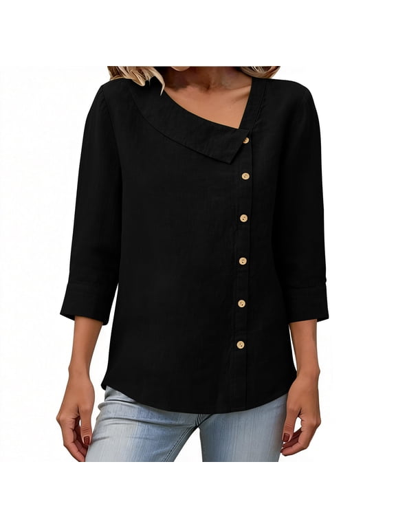 3/4 Sleeve Tops for Women Asymmetrical V Neck Button Down Shirts Dressy Casual Tunic Blouses Fashion Clothes