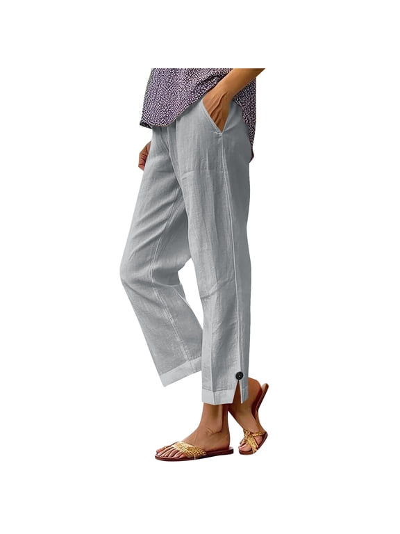 Casual Pants for Women Button Side Split Straight Leg Trousers Comfy Elastic Waist Cropped Pants with Pockets