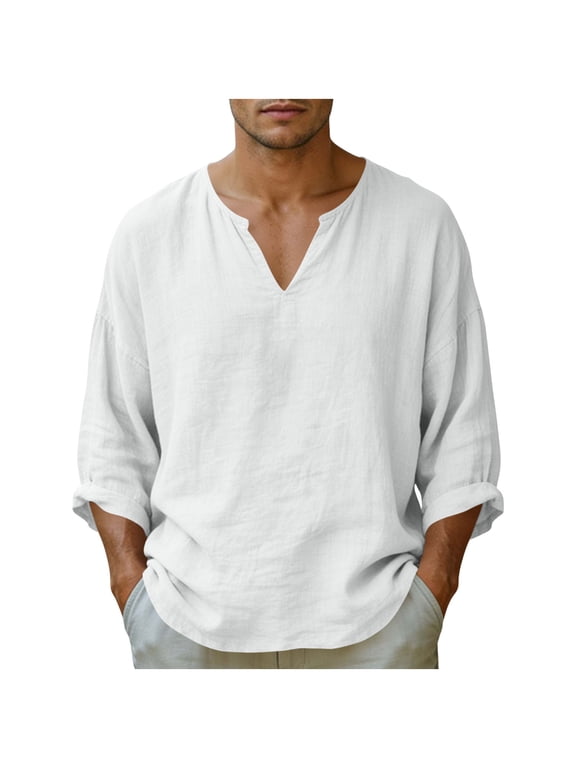 Men's Long Sleeve T-Shirts Casual V Neck Linen Shirts Lightweight Loose Fit Basic Tee Tops for for Daily Wear