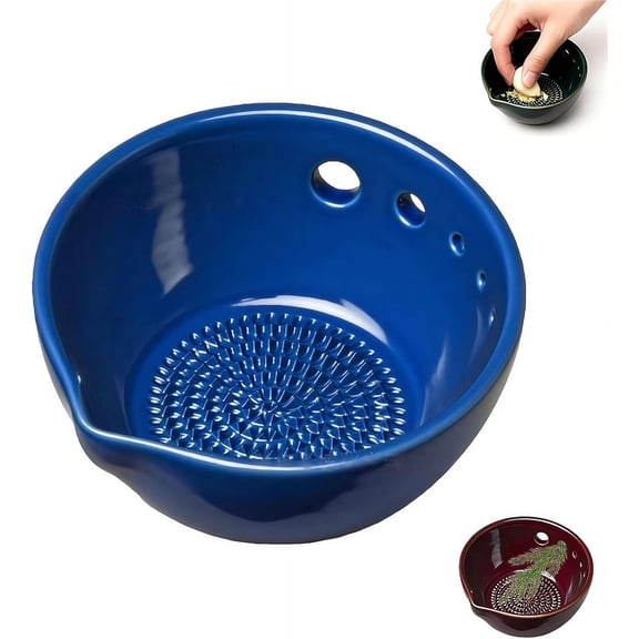QenASHaing 2-in-1 Herb Stripper Bowl with Garlic Grater, Ceramic Herb Stripper Tool with 5 Hole Sizes, Efficient Kitchen Peeling Grater Plate Tools for Ginger/Garlics/Herbs