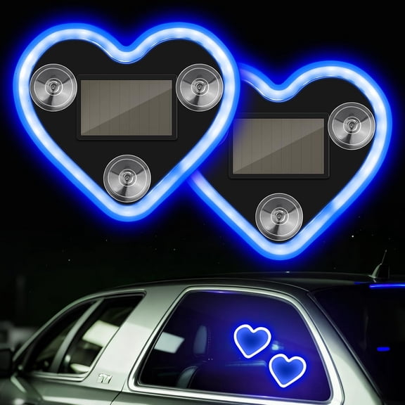 QenASHaing 2Pcs Car LED Ambient Light, Solar Powered Heart Shape Lights, LED Neon Light for Car Back Window Decoration, Night Driving, 5 Modes, Romantic Gift for Christmas, Valentine's Day