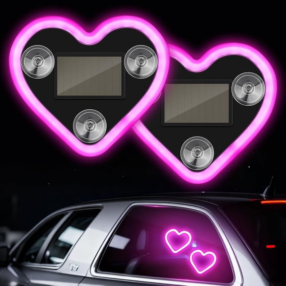 QenASHaing 2Pcs Car LED Ambient Light, Solar Powered Heart Shape Lights, LED Neon Light for Car Back Window Decoration, Night Driving, 5 Modes, Romantic Gift for Christmas, Valentine's Day