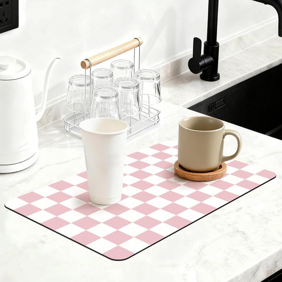 QenASHaing Checkered Dish Drying Mat for Kitchen Counter, Absorbent Coffee Bar Mat for Espresso Machine Coffee Countertops Accessories