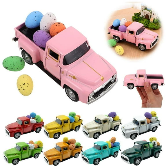 QenASHaing Easter Pickup Truck Decor with Eggs, Mini Vintage Metal Diecast Farmhouse Pickup Happy Spring Farm Tiered Tray Decorations for Home Kitchen Table