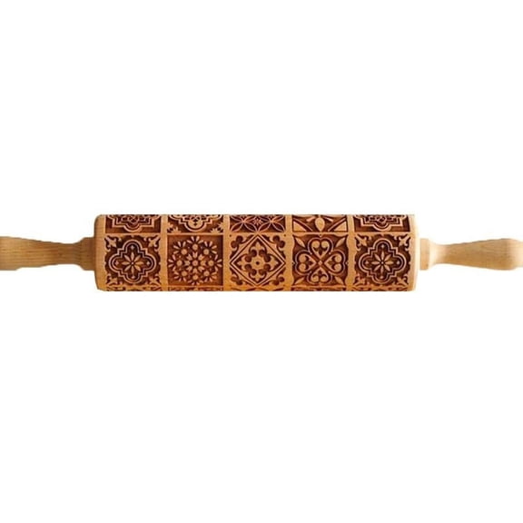QenASHaing Embossed Flower Rolling Pin 16in Beech Wood, Engraved Dough Pattern for Cookies Pastries Pizza, Kitchen Baking Tool with Comfort Grip Handles