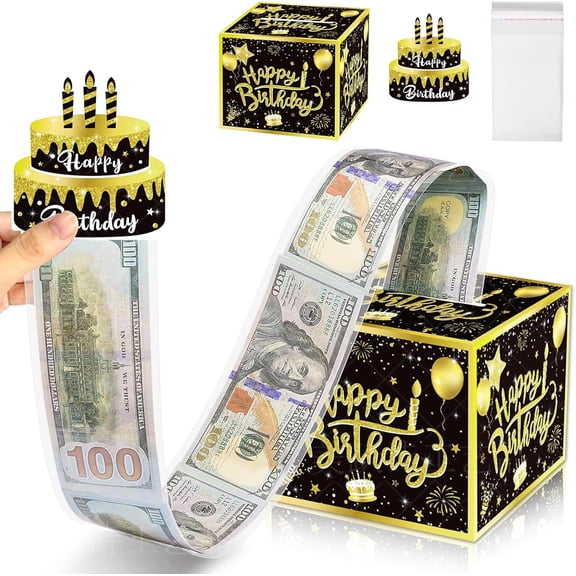 QenASHaing Happy Birthday Money Box, DIY Black & Gold Pull, Creative Cash Gift for Surprise, 1 carton + 1 card + 30 bags