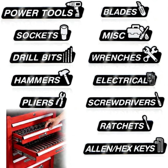 QenASHaing Magnetic Toolbox Labels, 12 Pack Magnetic Tool Box Labels, 3D-Printed Tool Box Label, Reusable Tags for Steel Toolboxes, Carts, Drawers, and Cabinets
