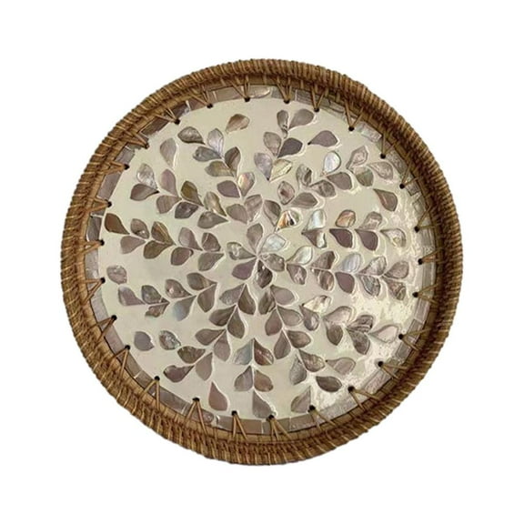 QenASHaing Round Rattan Serving Tray with Shell Inlay, 11.81 Inch Durable Wooden Frame, for Dining Table Centerpiece, Kitchen, Bathroom, or Party Decor