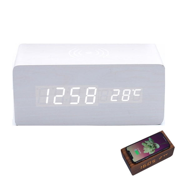 QenASHaing Wooden Digital Alarm Clock with Wireless Charging, LED Display Desk Clock with Adjustable Brightness and Voice Control