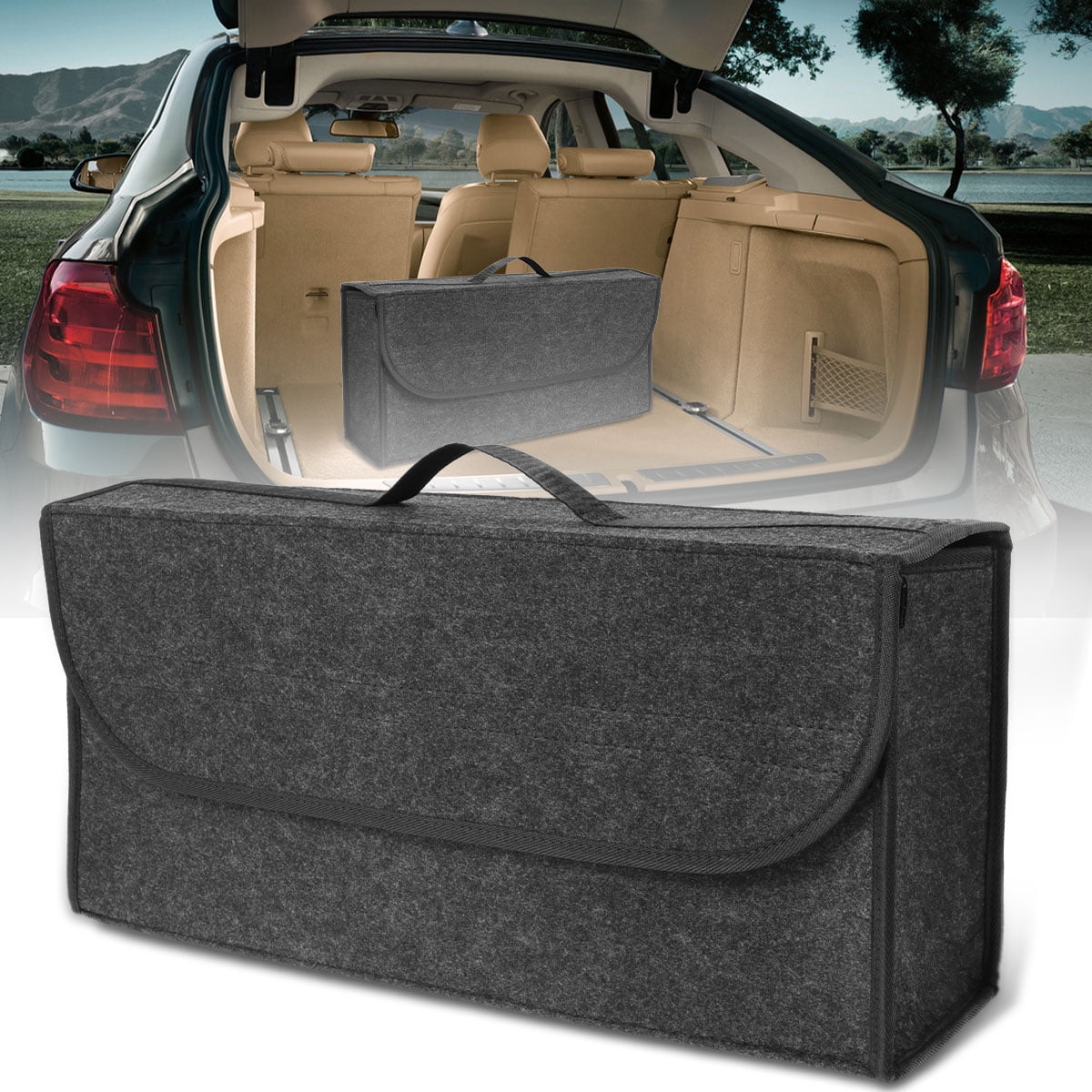 Qenwkx Soft Felt Car Bag Organizer Folding Car Storage Box Case seat Trunk  Non Slip Fireproof with Handle Collapsible Space Saving for Fire
