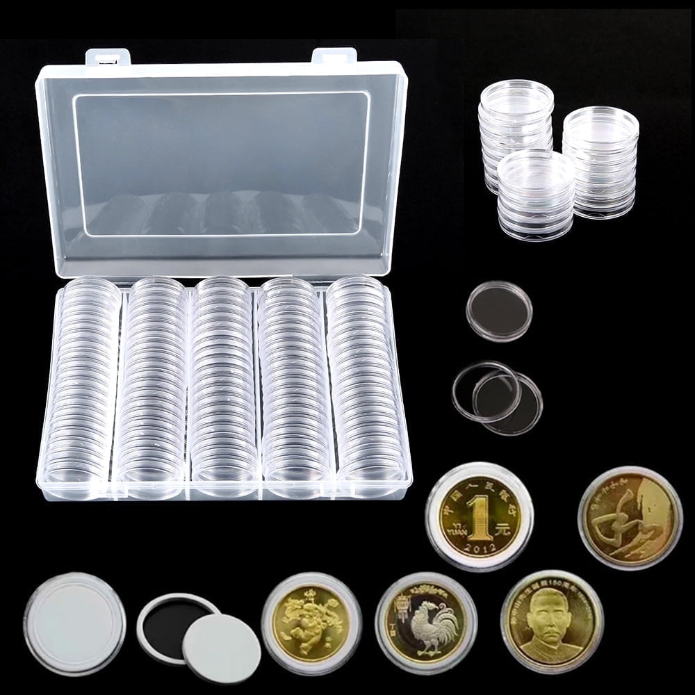 Qenwkxz 100 Pieces 30mm Silver Coin Holder Clear Coin Capsules Coin Case with Gasket & Plastic Storage Organizer Box for Collectors