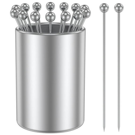 Qenwkxz 12/16pcs Cocktail Picks Set with Holder 4.13 inch Stainless Steel Cocktail Toothpicks Reusable Cocktail Sticks Multipurpose Cocktail Appetizer Skewers for Sandwiches BBQ Snacks Cocktails